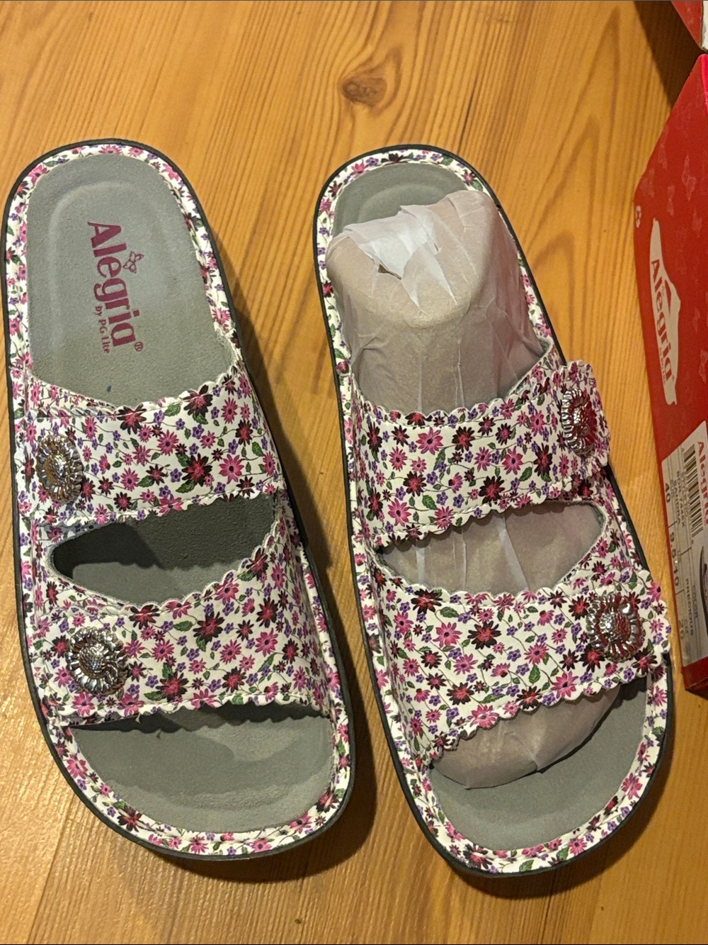Alegria Sandra Floral Double-Strap Slides - Pink, White, Purple size 40 (9.5-10)